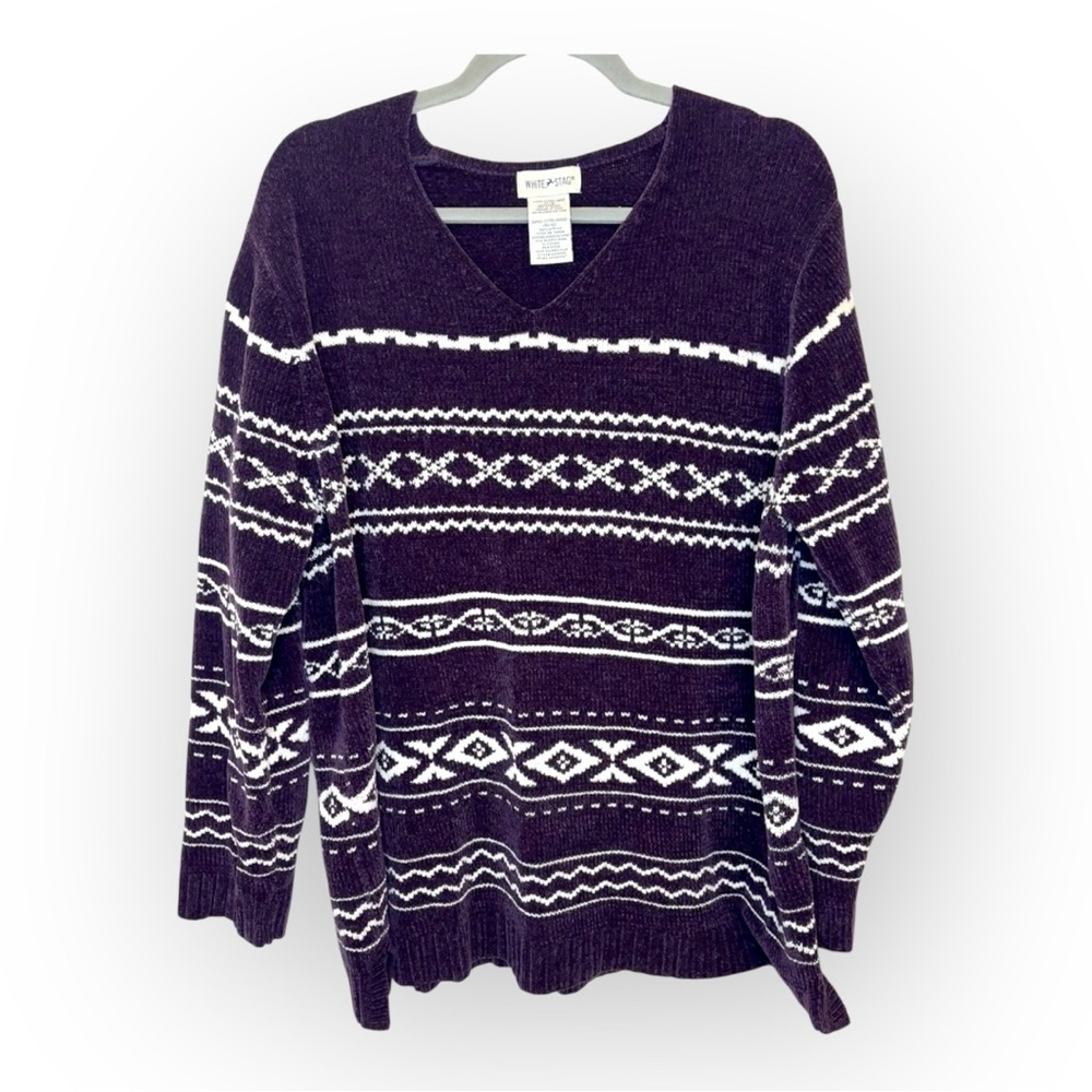 Vintage Y2K White Stag Purple Fair Isle Sweater Cozy Winter Ski Lodge XL 16/18